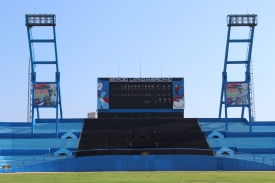 The scoreboard at the Estadio Latinoamericano, home of the Havana Industriales and the Cuban National Team. The stadium, which seats 55,000, is the largest in the country, and was home to the baseball game which President Barack Obama attended between the Tampa Bay Rays and the Cuban National Team.
