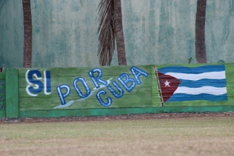 A sign in a outfield of Playa Stadium, where the Vermonters play their games against Cuban teams.