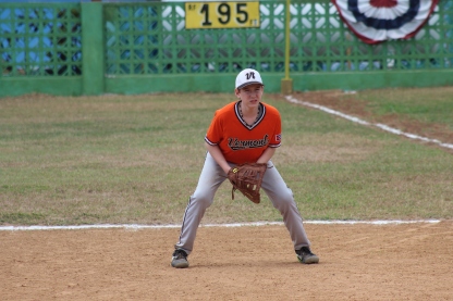 Vermont player Tate Agnew prepares to make a play at first base.